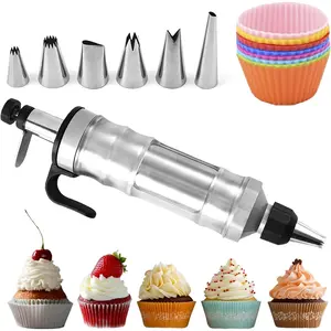 Dessert Decorating Syringe Set, Icing Piping Kit Stainless Steels Cake Decorating Tools 6 Piping Icing Nozzles Cupcake Decorating Kit