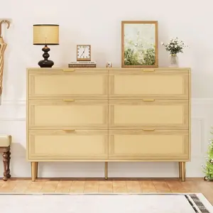 Rattan 6 Drawer Dresser, Farmhouse Wooden Chest of Drawers with 5 Metal Legs, Golden Handles, Wide Double Drawer Dresser for Bedroom, Living Room