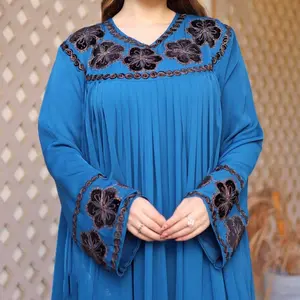 Affi's Abayas - Elegant Everyday Wear Modest Fashion for Women Lightweight Breathable Flowy Blue with Floral Embroidery