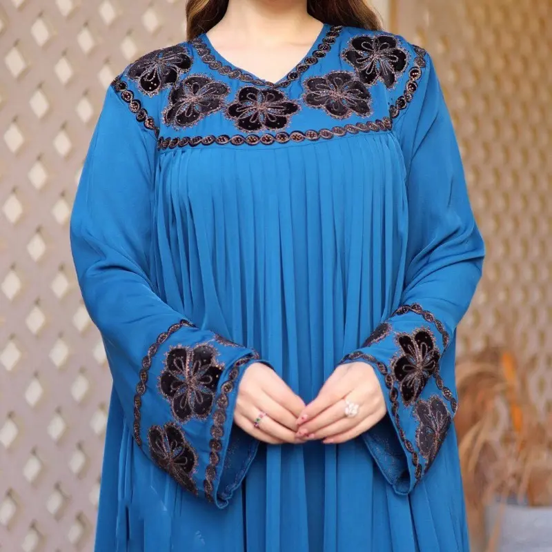 Affi's Abayas - Elegant Everyday Wear Modest Fashion for Women Lightweight Breathable Flowy Blue with Floral Embroidery