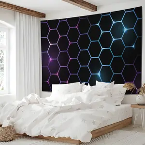 Neon Hexagon Tapestry, Black Geometric Wall Hanging, Cool Gaming Room Tapestries, Digital Print Wall Blanket Backdrop Decor for Bedroom Living Room, Aesthetic Lightweight Wall Art for Boys Teens Men