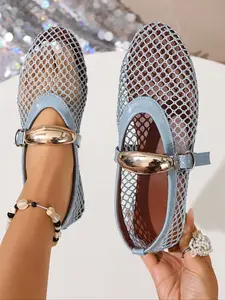 Women's Fashion Classic Mary Jane Flat Shoes, Hollow Out Design, Breathable Mesh Summer Sandals, Casual Comfort Ballet Flats, Plain Pattern
