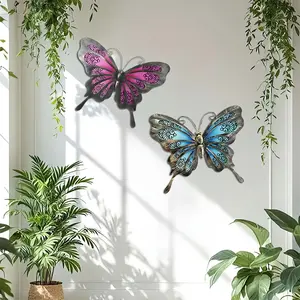 2-Piece Large Metal Butterfly Wall Decor - Pink & Turquoise/Gold Iridescent Iron Wing Ornament, Vertical Hanging Home Art for Indoor & Garden, Perfect for Weddings/Parties/Holiday Decor (Pink/Purple/Blue) - Easy-to-Install Butterfly Gift, Christmas Decora
