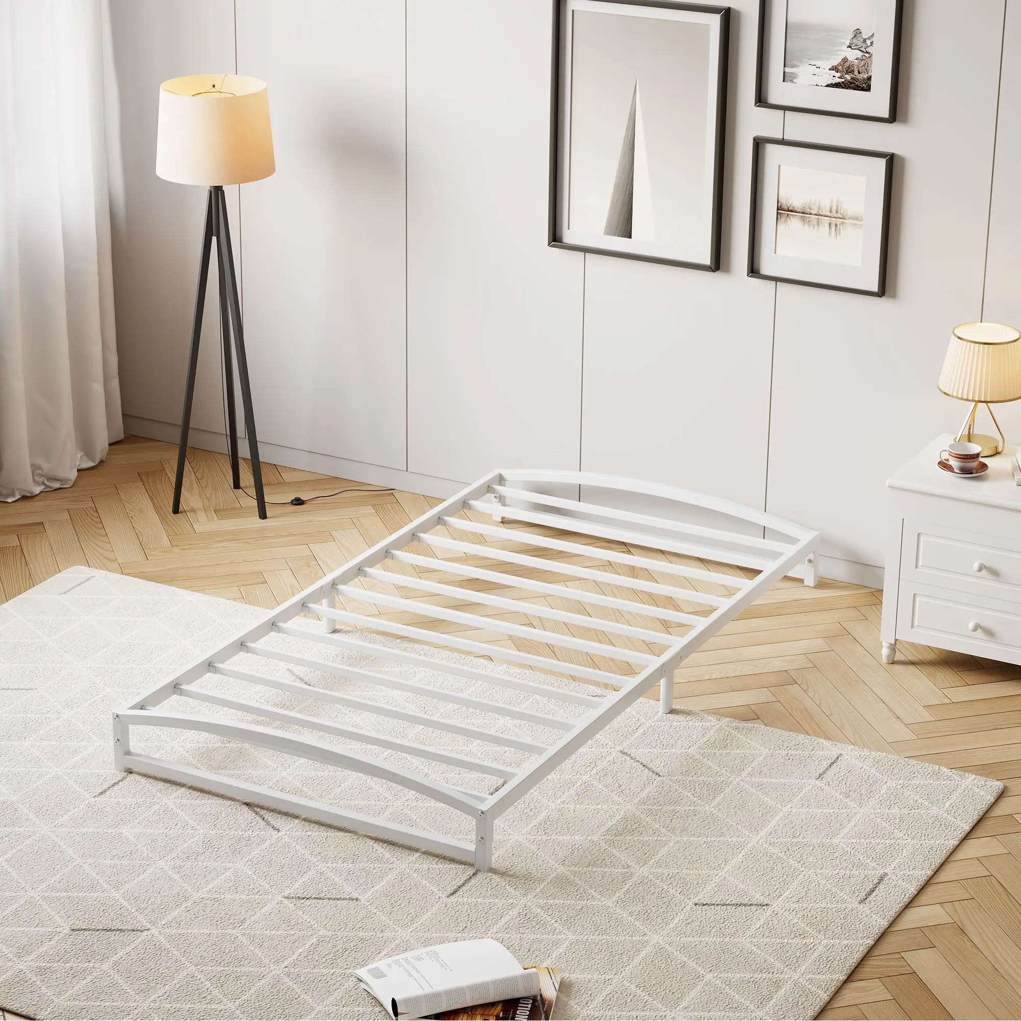 【GARVEE】Low Bed Frame Twin Size, 6 Inch Heavy Duty Metal Platform Twin Bed Frame Low Profile, Mattress Foundation, No Box Spring Needed, Noise-Free, Non-Slip, Easy Assembly, White