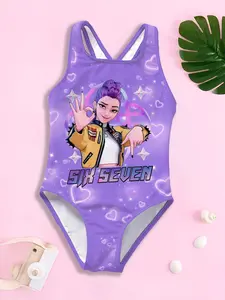 Girls' one-piece swimsuit "SIX SEVEN Sweet and Cool Style" with purple background, love patterns + idol prints, cross back design, unique and eye-catching, instantly enhancing the summer swimming pool vibe ✨ Swimwear Bathing Suits