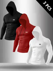 Men's Classic 3-Piece Set Weightlifting Print Hooded Long Sleeve T-Shirt, Casual Versatile Top for Fall Winter Fitness Wear, Gym Workout Tee, Gym Shirts