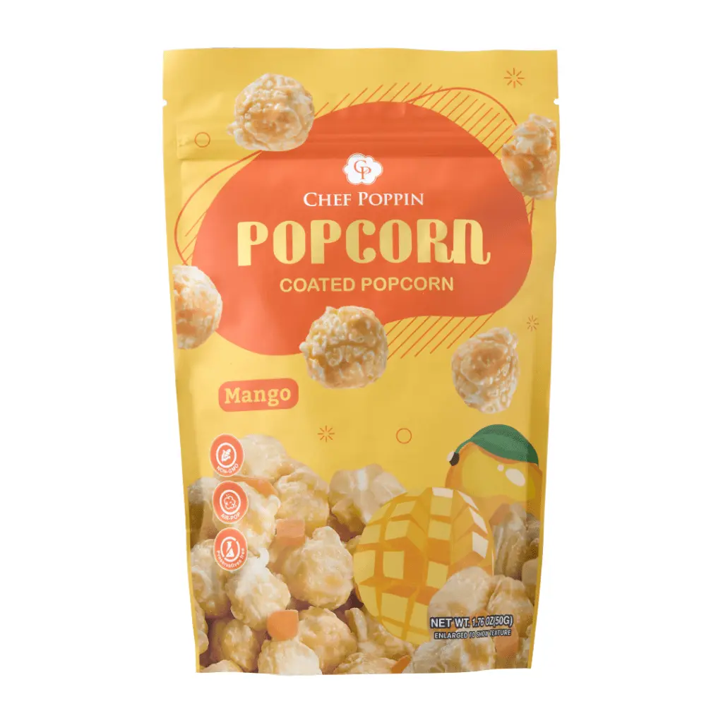 Chef Poppin Corn-Based Crunchy Mango Gourmet Coated Popcorn Snack, 50g Bites