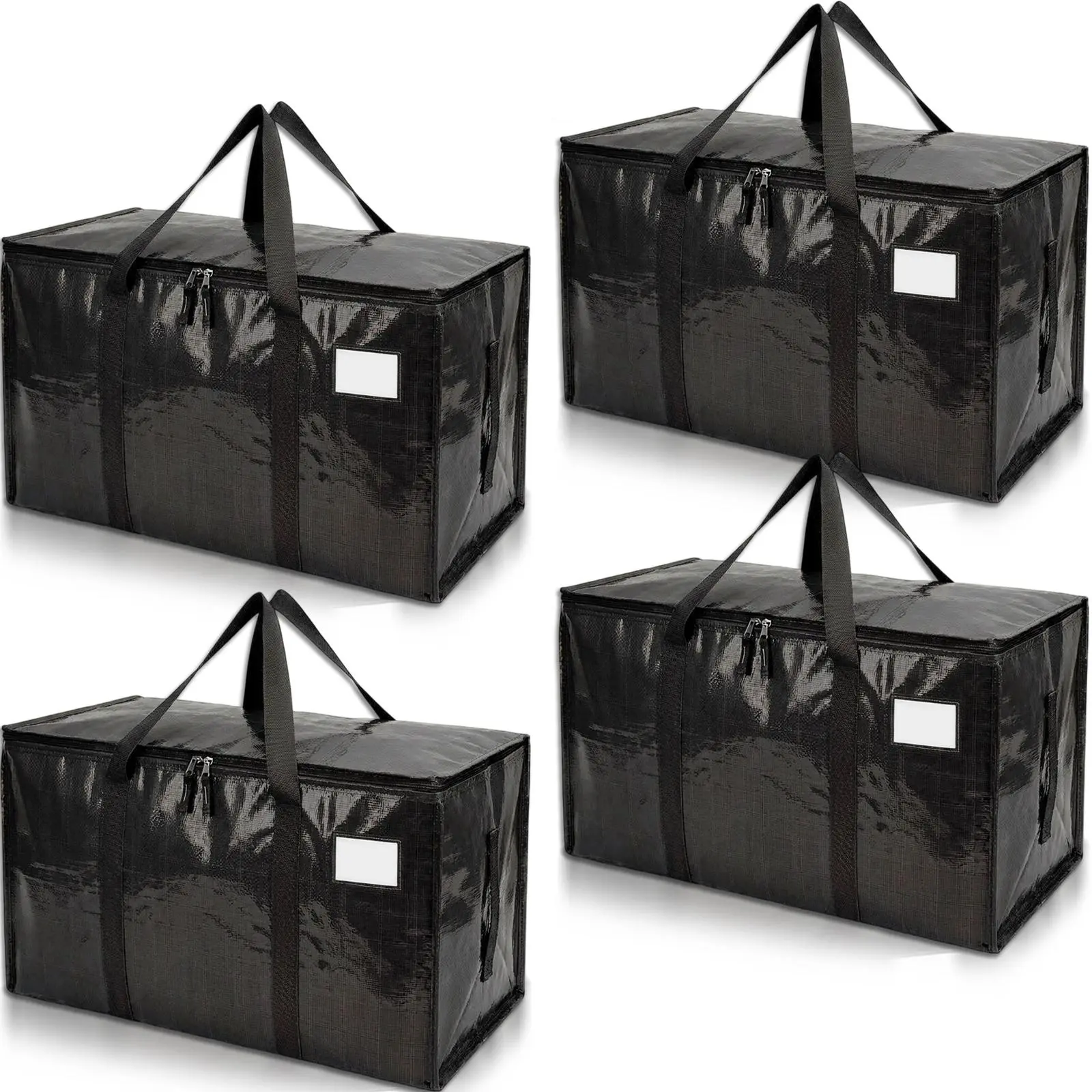 4 Pack-Extra Large Heavy Duty Moving Bags - Waterproof Storage Totes with Handles & Zippers, Foldable for College Dorm, Storage (Black)