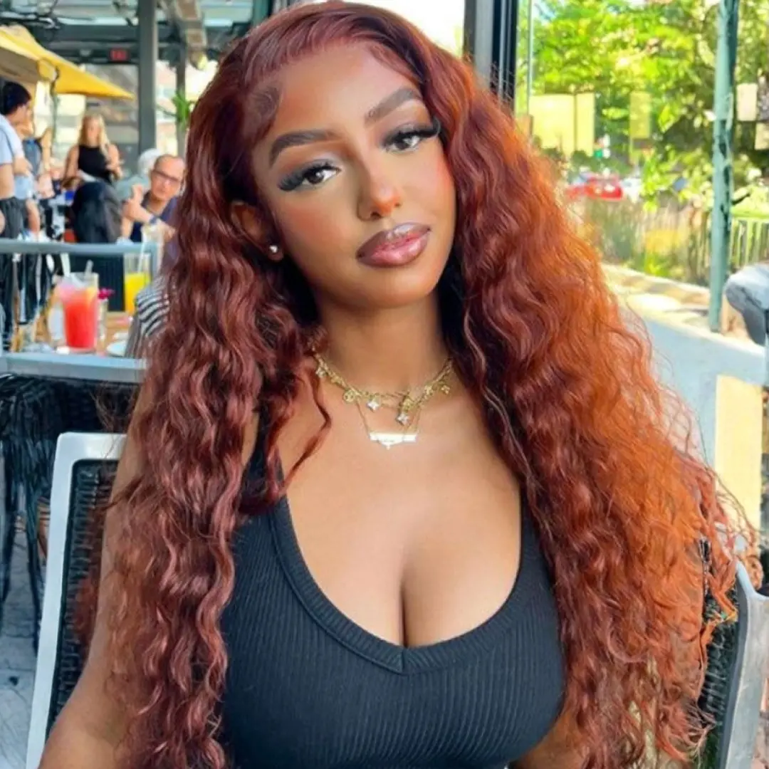 Sunber 7x5 Glueless Drawstring Lace Front Wig Cherry Red Water Wave Human Hair Wig Pre Plucked Natural Hairline Beginner Friendly Ready to Wear Wig for Women