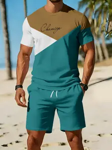 Men's 3D digital printed 2-piece set with three-color spliced handwritten letter vacation print, 2Pcs, trendy fashion suit, trendy retro casual two-piece outfit, vacation-style trendy wear, breathable sports and casual style, an ideal holiday gift for men
