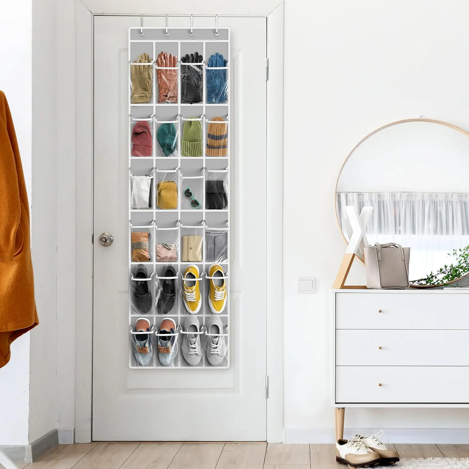 24 Pockets - Crystal Clear Over The Door Hanging Shoe Organizer, Gray (64'' x 19'')