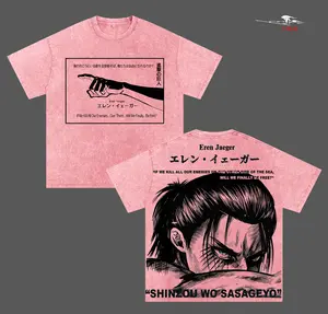 Eren Jaeger Attack on Titan Anime Double Printed Vintage Washed Tee Unisex Oversize Heavyweight Cotton T-shirt for Anime Fans and Lovers