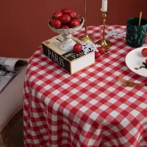 1Pc Red White Plaid Tablecloth, Round Cover for Christmas & Daily Use