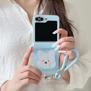 Cute Blue Polka Dot Magnetic Protective Case Cover, Optional Stand Bracelet Fashion Accessory, Hinge Design for Phone Protection & Style Boost, Fits Galaxy Z Flip 4/Z Flip 3  Z Flip 5/Z Flip 6 zflip7, Girl's Gifts, Smartphone