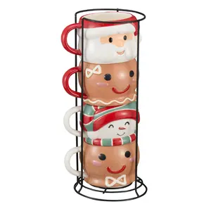 Holiday Time 12oz Characters Stoneware Ceramic Mug Set with Metal Rack - Cup, Drinkware