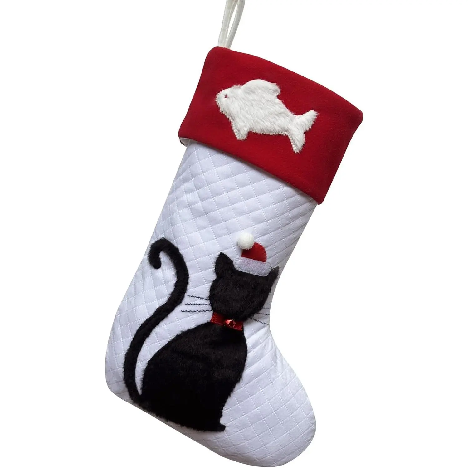 Cat Christmas Stockings Dual-Layer with 3D Black Kitty and White Fish, 20 inch Large Pet Animal Cats Xmas Stockings for Christmas Family Decorations (Black Cat)