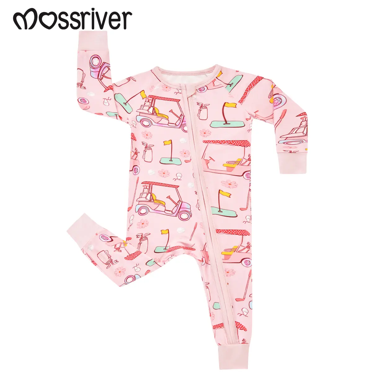 mossriver Baby Girls' Pajama Romper, Soft Hypoallergenic Bamboo Loungewear with Golf Cart Print, 2-Way Zipper and Foldable Cuffs, Soft Sleepwear Loungewear