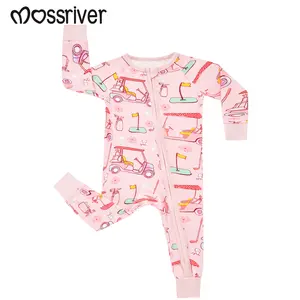 MOSSRIVER Baby Girl Bamboo Romper - Long Sleeve, Pink Golf Course Print - Ultra Soft Sleepsuit - All Seasons Gift