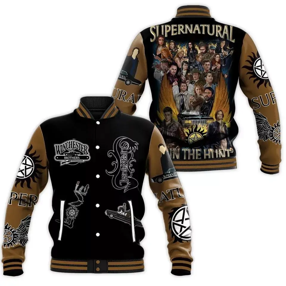Supernatural Winchester Brothers Graphic Varsity Jacket, Winchester Brothers Classic Car Graphic Print Baseball Jacket Oversized Casual Sporty Baseball Coat Loose Fit Outerwear Classic Street Wear Spring Autumn Winter Clothes Men Women