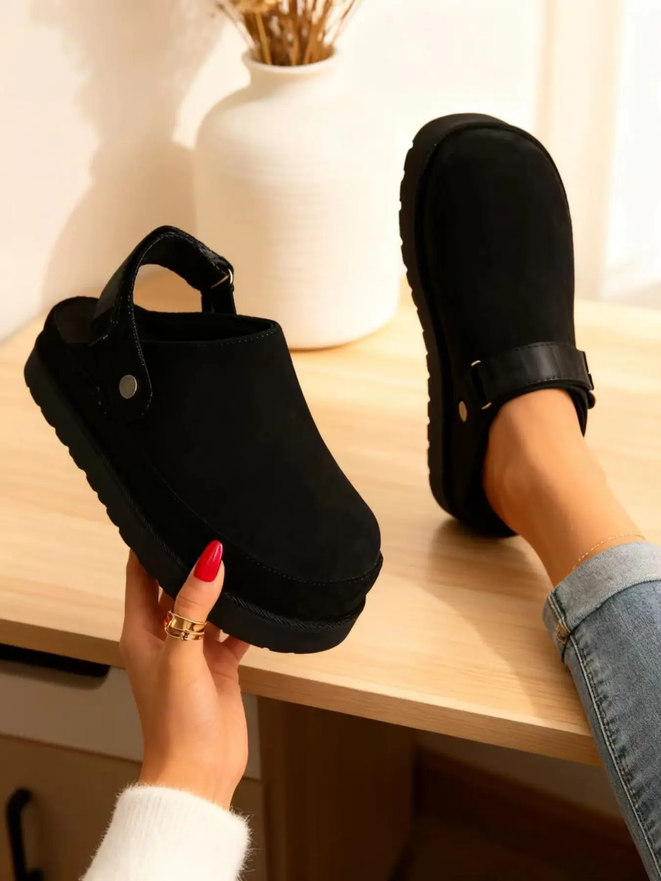 Women's Thick Sole Mule Slippers, Plush Platform Half Slipper Shoes, Textile Upper, Rubber Material, All Seasons Wear, Shoes Mules, Thick Soled Mules