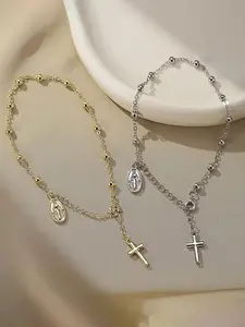 Christian style cross-shaped bracelet jewelry, Virgin Mary Saint Benedict cross bracelet, bead bracelet, adjustable wrist size bracelet, bracelet link design, religious jewelry for women, Beaded bracelets