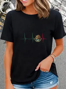 100% Cotton Unisex Mexico Heartbeat EKG Pulse Mexican Pride Emblem Mexico Flag T-Shirt