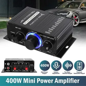 Mini HiFi Stereo Power Amplifier 400W Max 2 Channel 12V DC, Bass Treble Control Aluminum Alloy Hi-Fi Amp, Blue LED Display Home Car Desktop Bookshelf Speaker Amplifier, Built-in FM Radio DIY Audio Stereo System Portable Audio Receiver