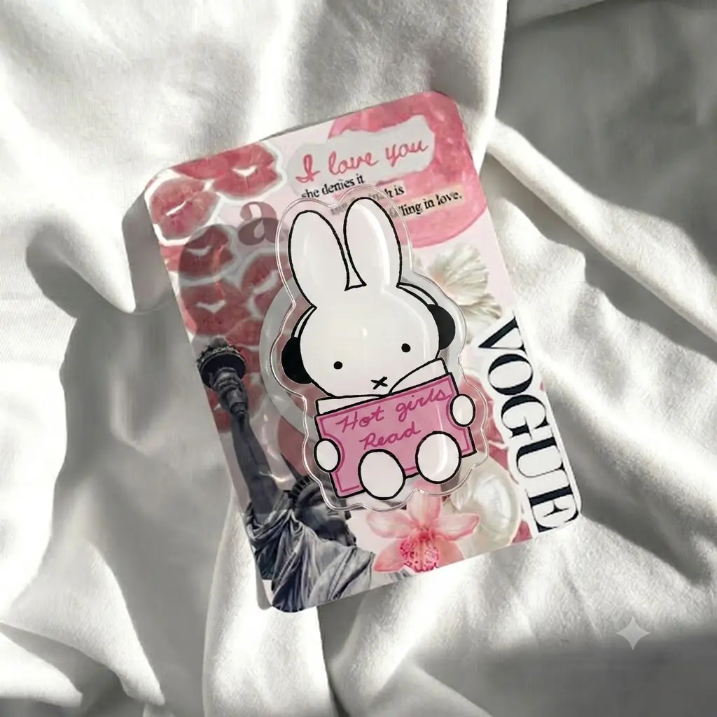 Cute White Bunny Phone Grip, Acrylic Rabbit Phone Holder Stand, Hot Girls Read Bookish Design, Kawaii Reader Gift for Women, Teens, Students and Friends