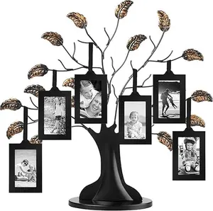 Americanflat Family Tree Picture Frame - Includes 6 Hanging 2x3 Picture Frames - Adjustable Ribbon Tassels - Perfect for Mother's Day, Birthdays,