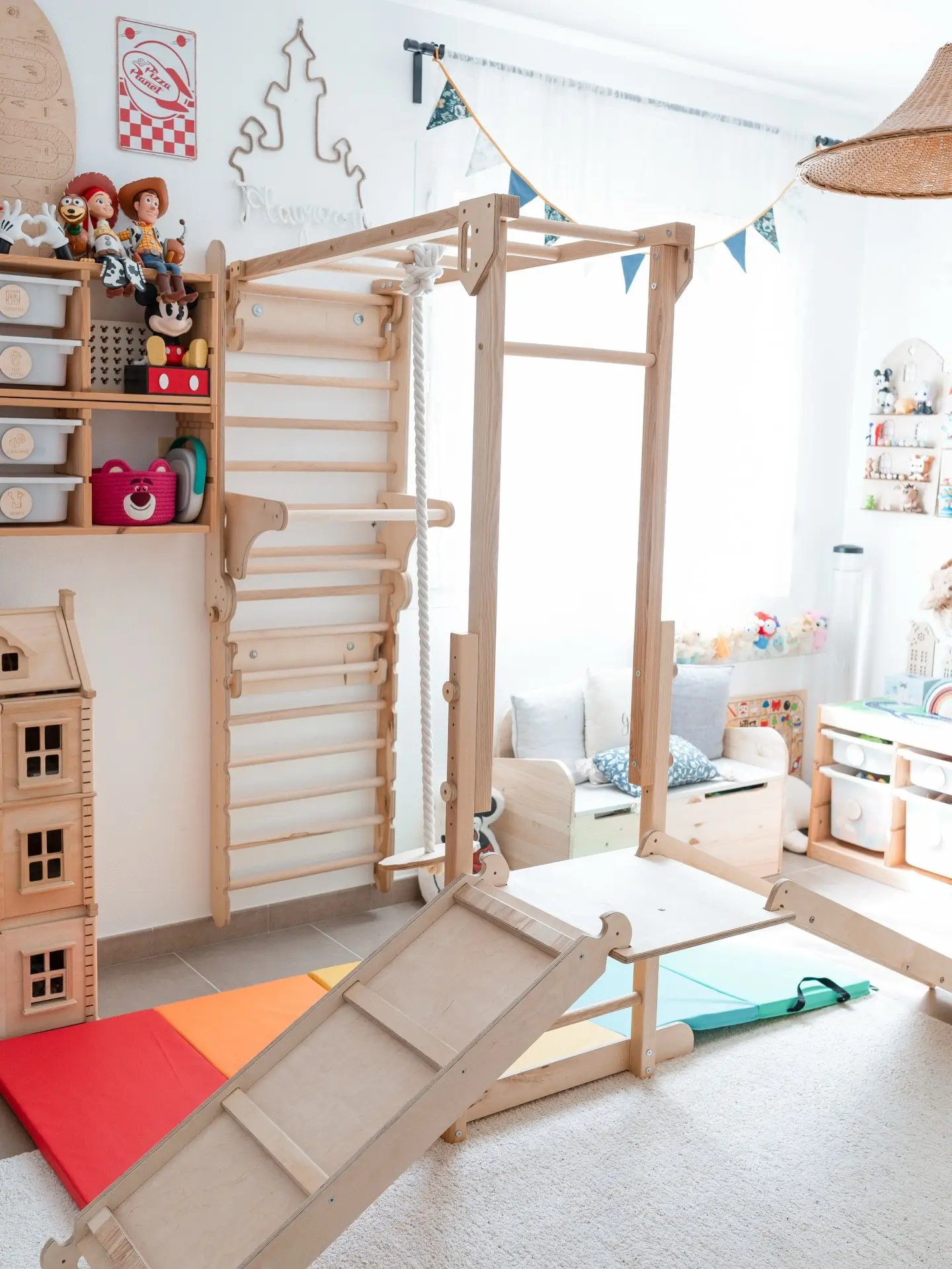 Montessori 9-in-1 Wooden Swedish Wall Activity Center - Space Saving Foldable Home Station with Reversible Slide, Monkey Bars & Platform for Kids Ages 2-12
