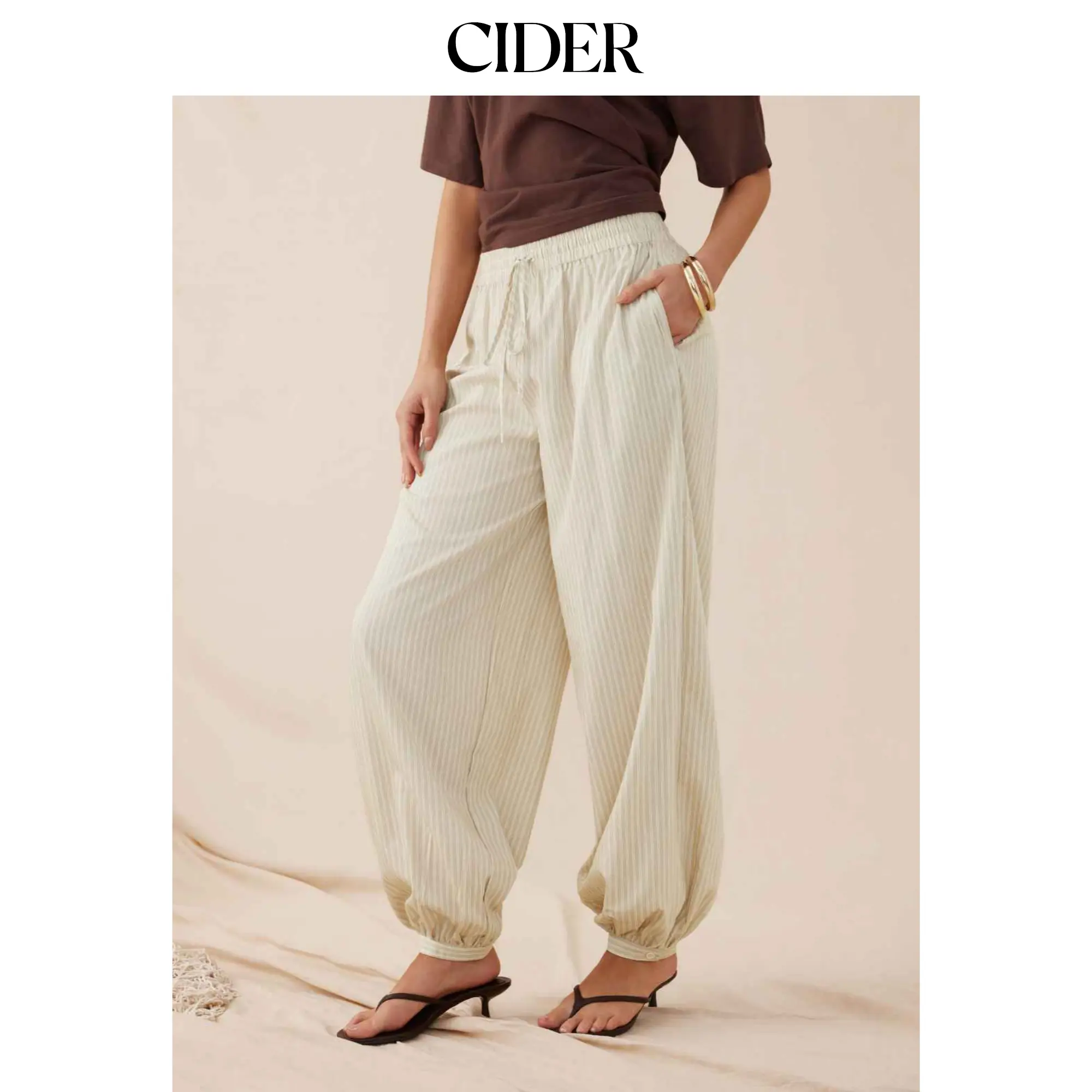 Cider Women's Basic Linen-Blend Mid-Rise Striped Tapered Leg Jogger Pants, Khaki Pants, Sporty Chic, Elastic Waist, Casual Athletic Bottoms