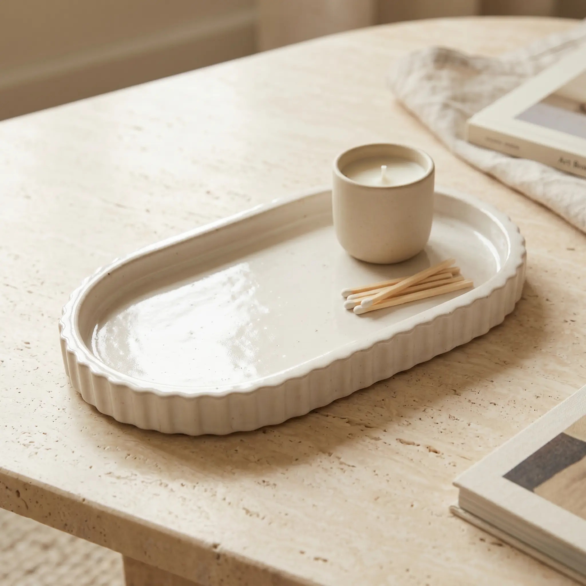 Scalloped Oblong Catchall Tray Gypsum White 7" | Vanity Organizer | Sunsum