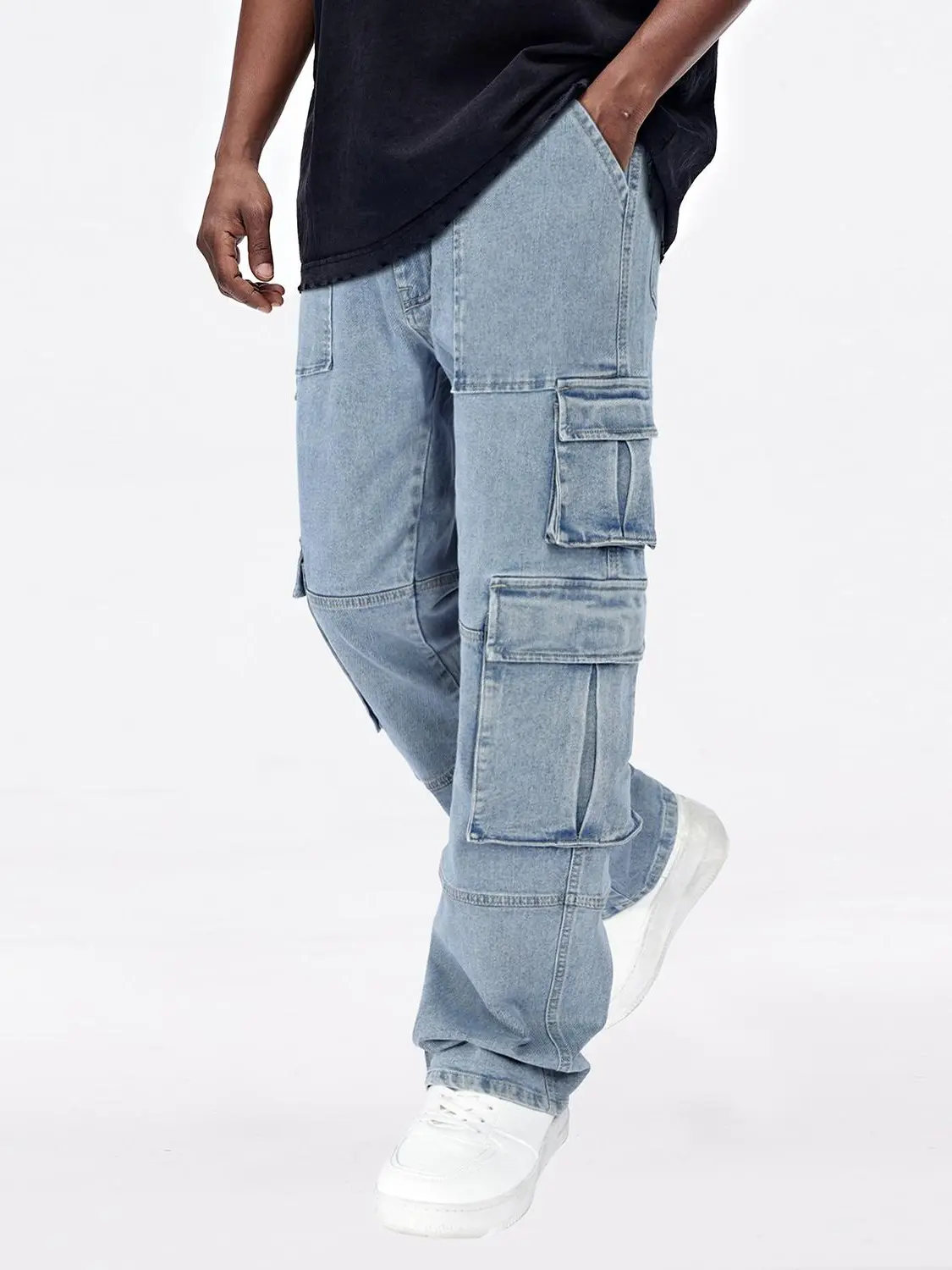 Men's Comfy Baggy Cargo Jeans - Bootcut Stretch Wide Leg Flared Denim Trousers with Pockets, Menswear Casual Hip Hop Streetwear