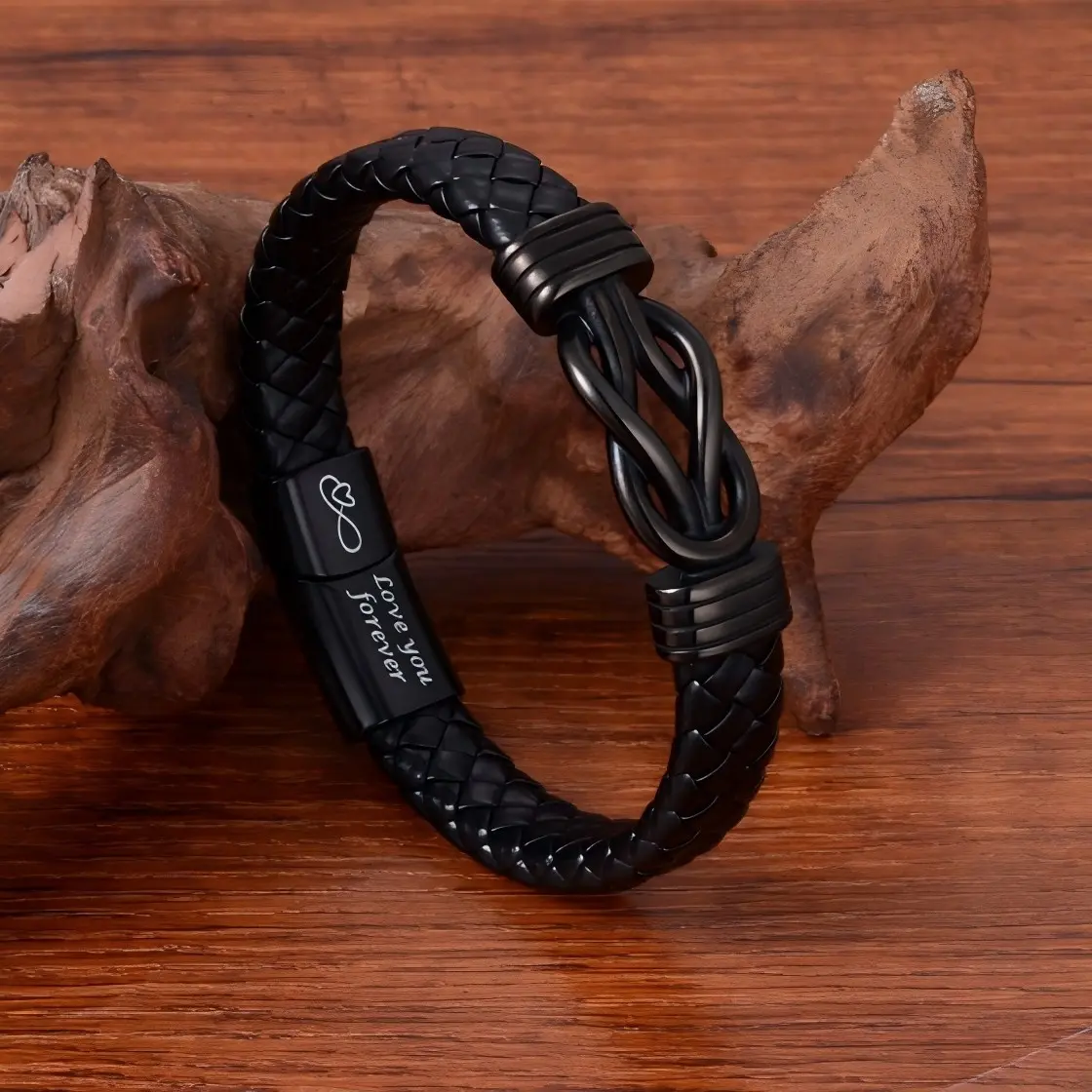 Men's Fully Adjustable Infinity Braided Leather Bracelet - Black Knot Edgy Retro Waterproof Hypoallergenic Streetwear Men's Accessories, Casual Daily Jewelry, Boyfriend Christmas Gift, Male, Birthday