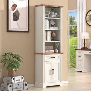 Spurgehom 72" Tall Bookshelf with Drawers and Doors, Farmhouse 6-Tier Bookcase with Storage Cabinet and Adjustable Shelves, Standing Display Storage Shelves for Home Office