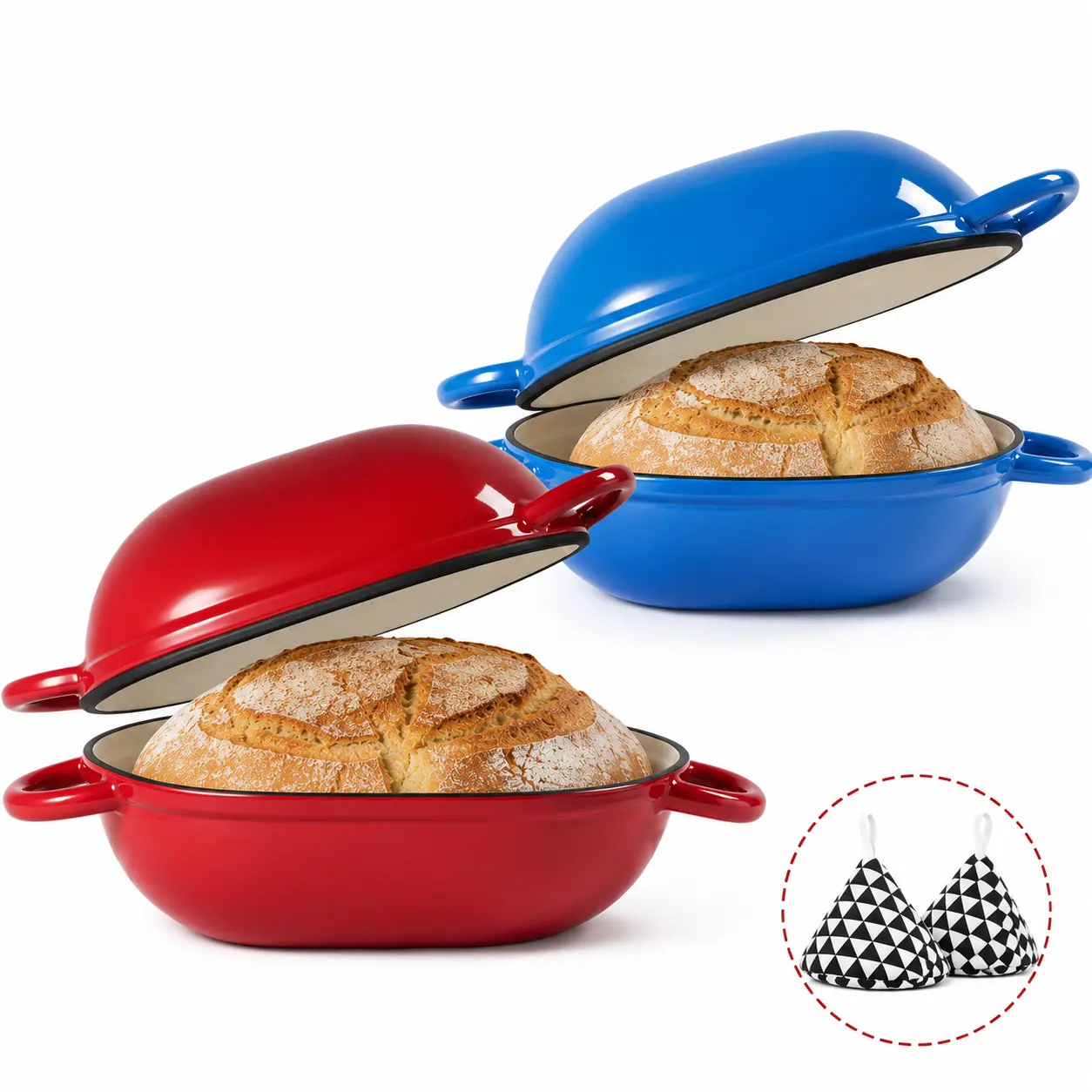 Enameled Cast Iron Bread Oven with Lid, Sourdough Bread Baking Pot with 2 Pot Holders, Oval Dutch Oven for Homemade Artisan Bread, Red or Blue