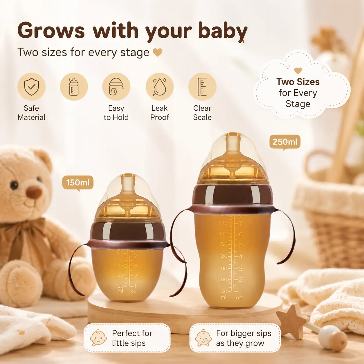150/250ML baby bottle, wide-mouth bottle, easy-to-hold handle, perfect for newborn feeding and transitioning, soft nipple for natural latching