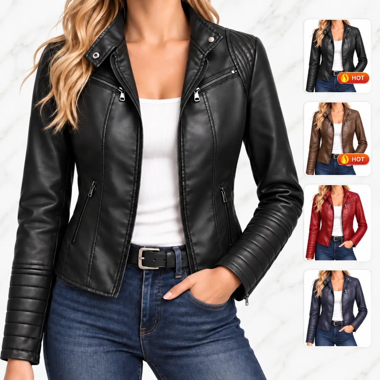 Women's Vintage Faux Leather Motorcycle Jacket - Slim-Fit Cropped Zip-Up, European-American Casual Street Style Knight Outerwear, Womenswear for Autumn & Winter