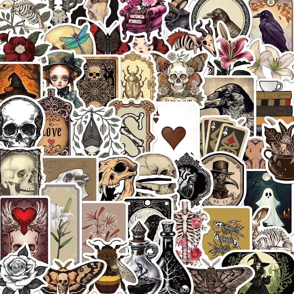 Dark Medieval Themed Sticker, 50pcs/set Skull & Flower & Letter Pattern Decorative Sticker, DIY Decals for Water Bottle, Laptop, Phone Case, Scrapbooking, Ornaments, Halloween