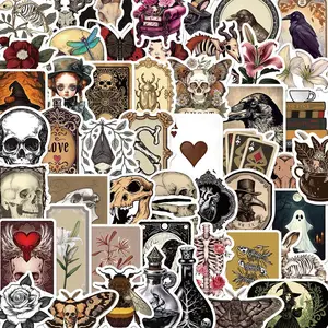 Dark Medieval Themed Sticker, 50pcs/set Skull & Flower & Letter Pattern Decorative Sticker, DIY Decals for Water Bottle, Laptop, Phone Case, Scrapbooking, Ornaments, Halloween
