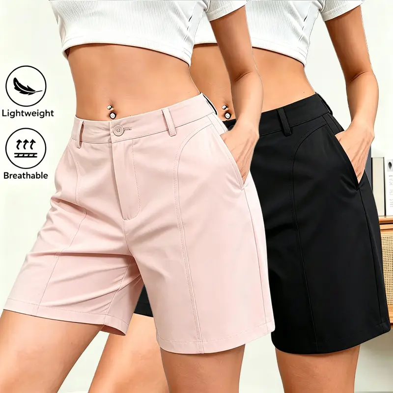 2-Pack Women’s Elegant Wide-Leg Non-Stretch Shorts — Solid Color Summer Casual Formal Shorts with Pockets, Wrinkle-Resistant Straight Cut and Button Detail; Suitable for Beach, Office, and Semi-Formal Occasions — Machine Washable