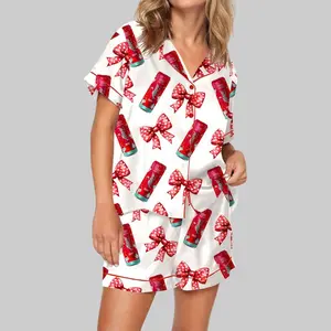Cherry Energy Drink Pajama Set, Cute Beverage Theme Sleepwear, Short Sleeve Satin Top, Elastic Waist Shorts, Soft Lounge Outfit