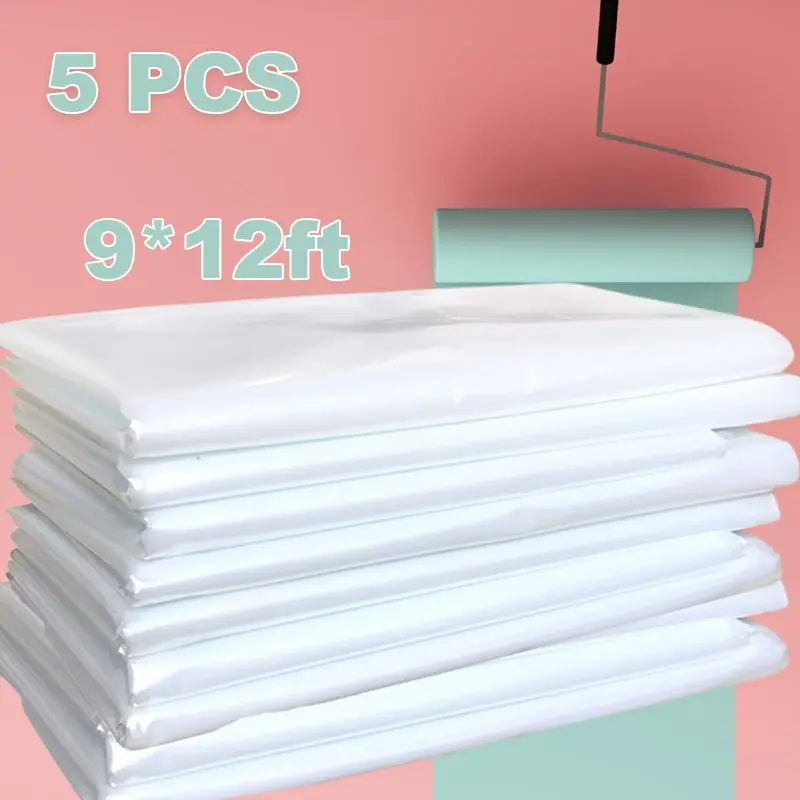 5 Pack Heavy Duty 9X12Ft Clear Plastic Drop Cloths - Reusable, Waterproof for Paint, Floor And Furniture Protection | Compact Storage
