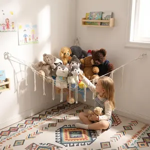 Stuffed  Hammock Corner  Net Macrame Stuffed  Storage Plush  Holder  Organizer for Boho  Playroom Bedroom  Room (cream, Large)