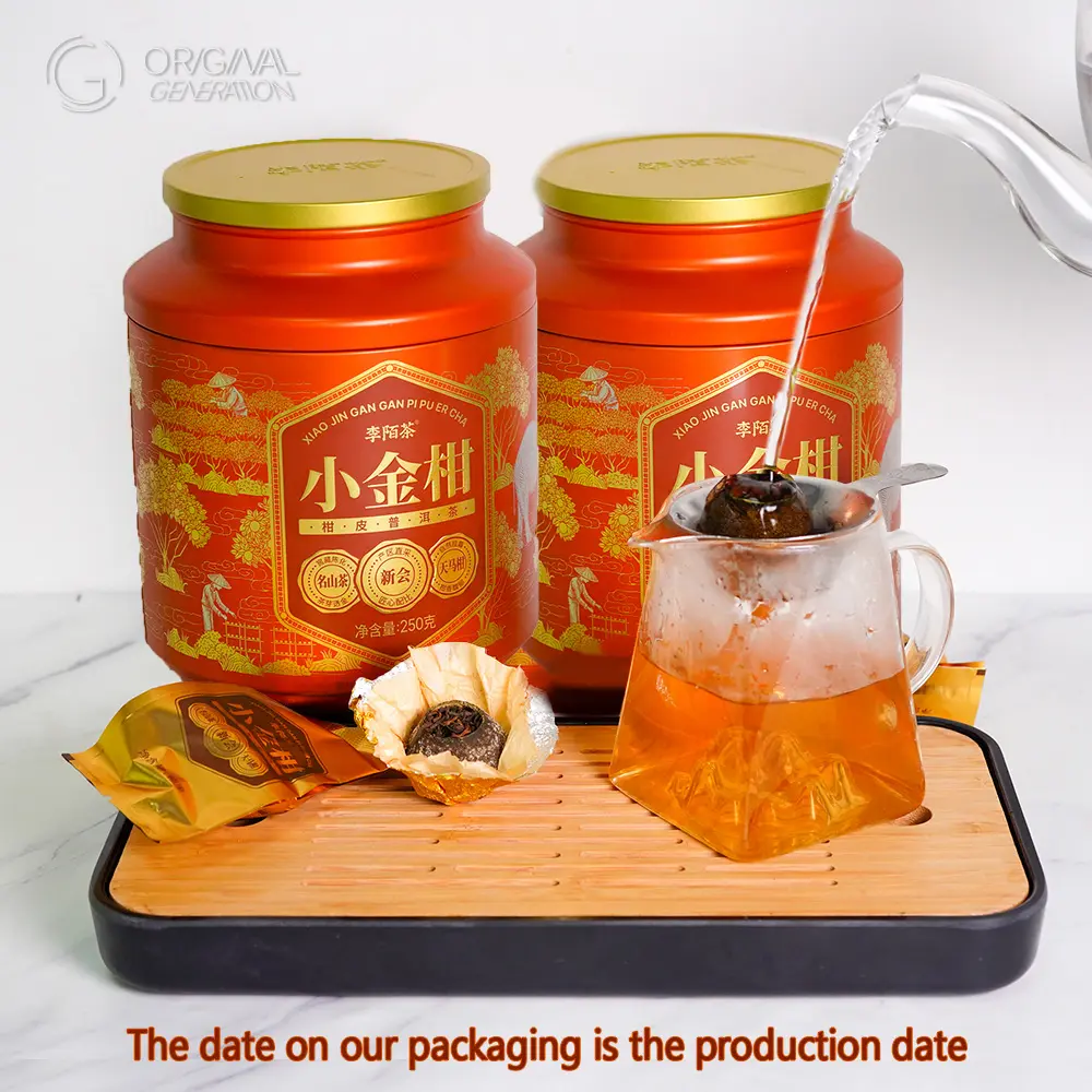 BOGO Golden Tangerine Puer Tea Ball 2 Tins With Glass Pitcher With Filter And Mini Bamboo Tea Tray With Natural Sun Dried Tangerine Peel And High Quality Cooked Pu'er