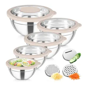 TeamFar Mixing Bowls, Stainless Steel Salad Serving Bowl with Clear Lids & 3 Graters, For Kitchen Cooking Prepping Storing, Size 4.6/2.6/1.5/1/0.7 QT, Nesting & Airtight, Set of 5 & Khaki
