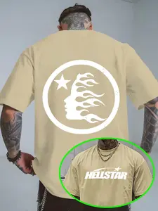 Hell Star Pattern Street Style Loose Fit Round Neck Short Sleeve T-Shirt, Unisex Casual Top, Sporty Commuter Wear, All Seasons