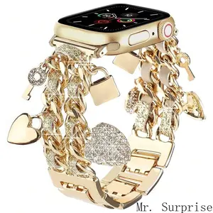 Women's Luxury Tweed-Style Wearable iWatch S11 Strap, Glitter Leather Rope with Metal Chain & Heart Pendant, Fashion Tech Accessory