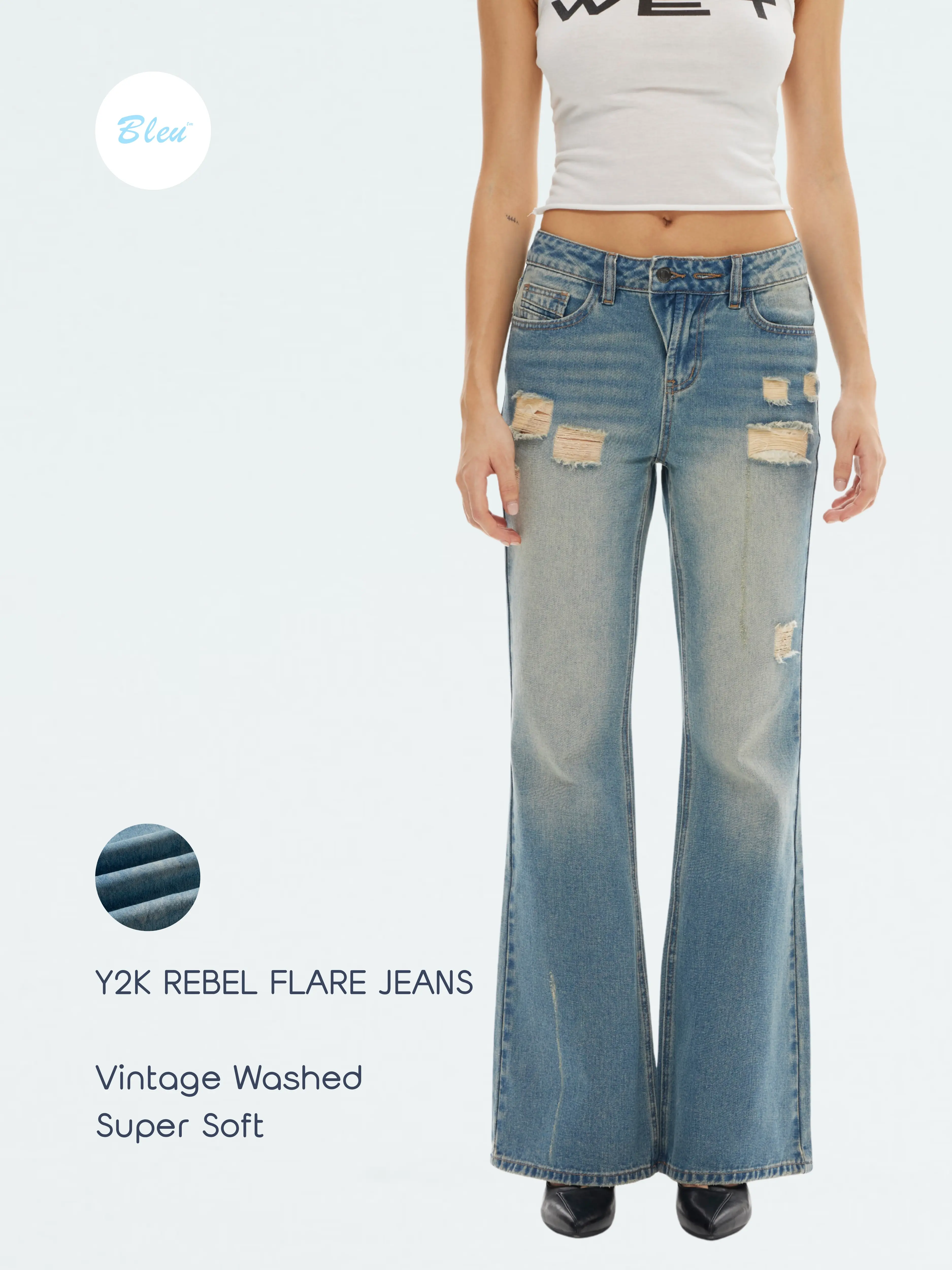Bleu Women’s Vintage Distressed Wide Leg Jeans - Light Washed Y2K Ripped Denim Pants, High Rise Loose Fit Streetwear Jeans