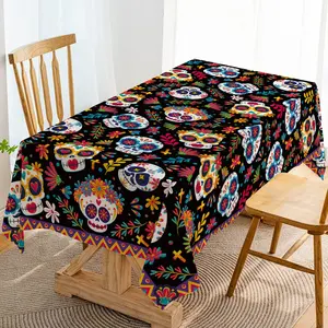 Dia De Los Muertos Floral Skull Tablecloth Rectangle, Mexican Sugar Skull Table Cover for Halloween Party, Gothic Fall Dinner Decor, Fiesta Theme Home Decoration